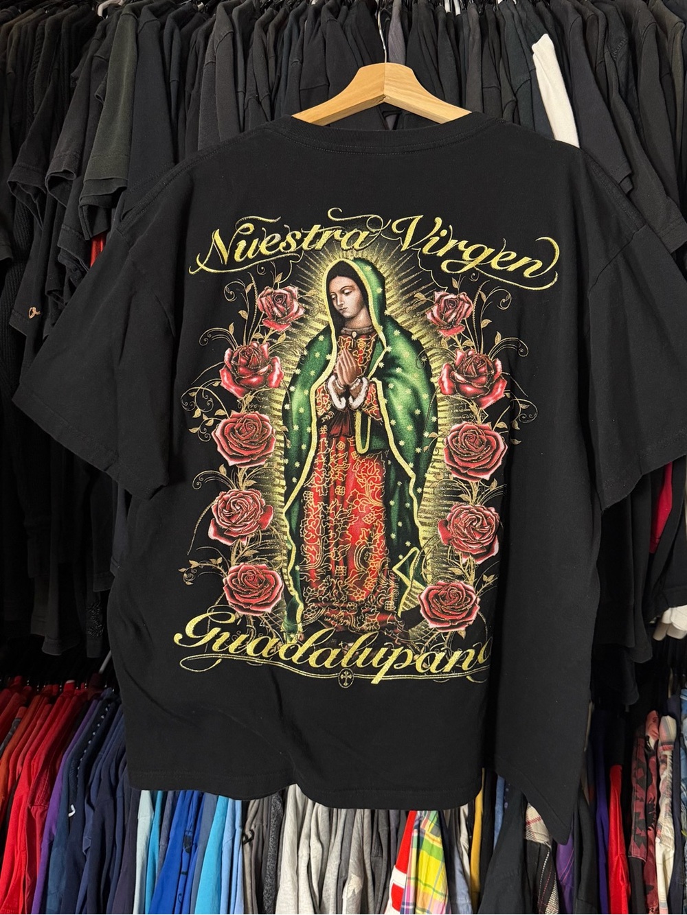 Vintage Virgen De Guadalupe Shirt Mens XL Black Catholic Religion God Grunge Y2K